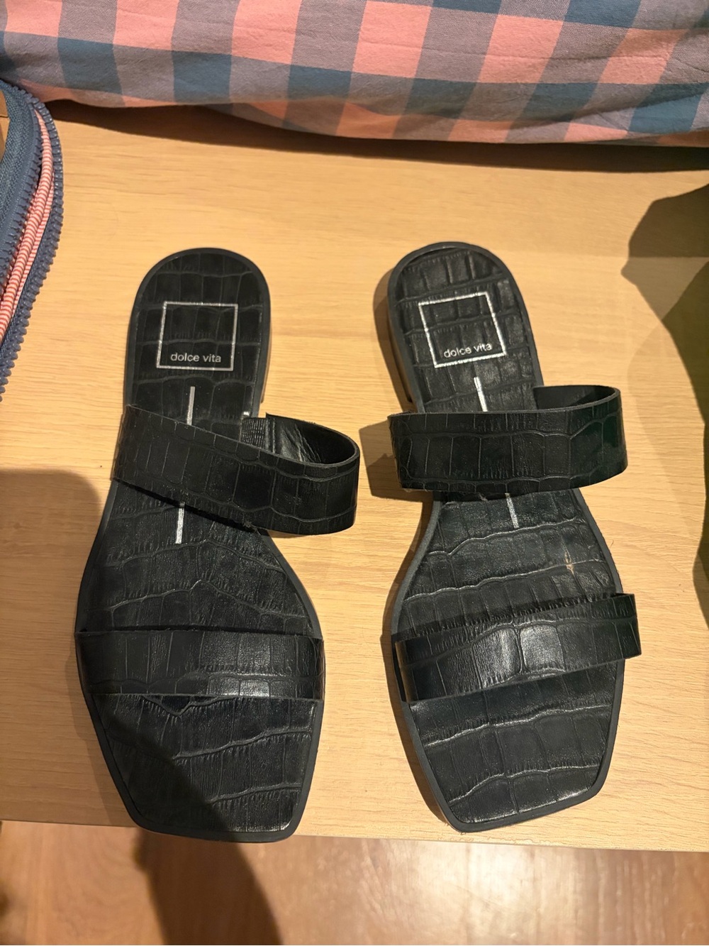 Dolce Vita Black Croc-Embossed Double Strap Slides